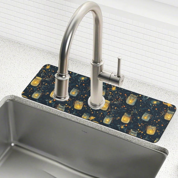Yayeee Faucet Mat for Kitchen Sink 30" Diatomite Long Splash Guard Pad, Orange Fireflies Pattern