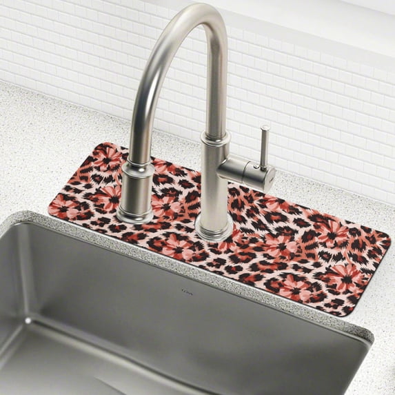 Yayeee Faucet Mat for Kitchen Sink 30" Diatomite Long Splash Guard Pad, Orange Floral Leopard Pattern, 2 Pack
