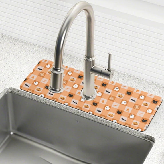 Yayeee Faucet Mat for Kitchen Sink 30" Diatomite Long Splash Guard Pad, Orange Ghost Plaid Pattern, 2 Pack