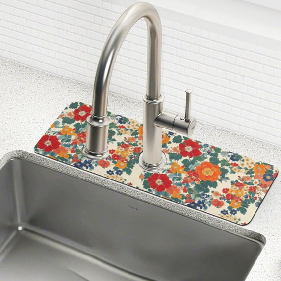 Yayeee Faucet Mat for Kitchen Sink 30" Diatomite Long Splash Guard Pad, Orange Japanese Flowers Pattern, 2 Pack