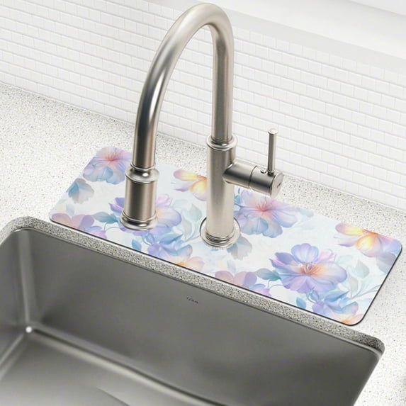 Yayeee Faucet Mat for Kitchen Sink 30" Diatomite Long Splash Guard Pad, Pastel Flower Pattern