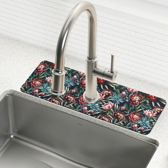 Yayeee Faucet Mat for Kitchen Sink 30" Diatomite Long Splash Guard Pad, Peony Dusk Pattern, 2 Pack