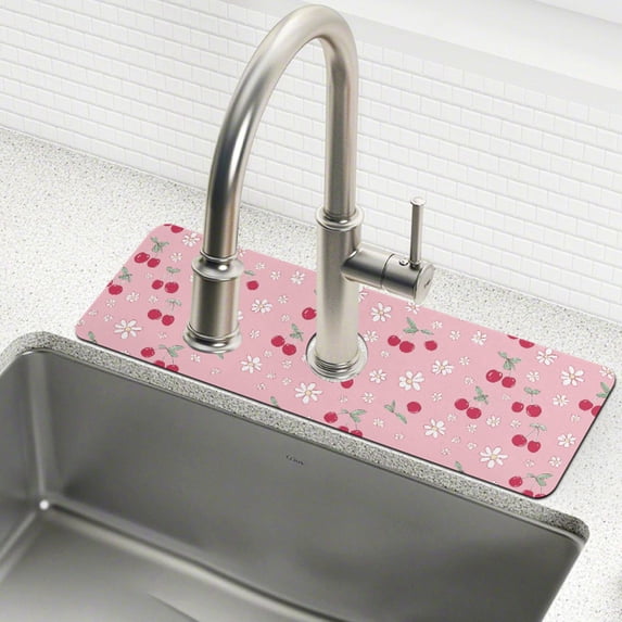 Yayeee Faucet Mat for Kitchen Sink 30" Diatomite Long Splash Guard Pad, Pink Cute Cherry Pattern