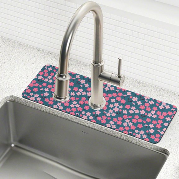 Yayeee Faucet Mat for Kitchen Sink 30" Diatomite Long Splash Guard Pad, Pink Vibrant Flowers Pattern