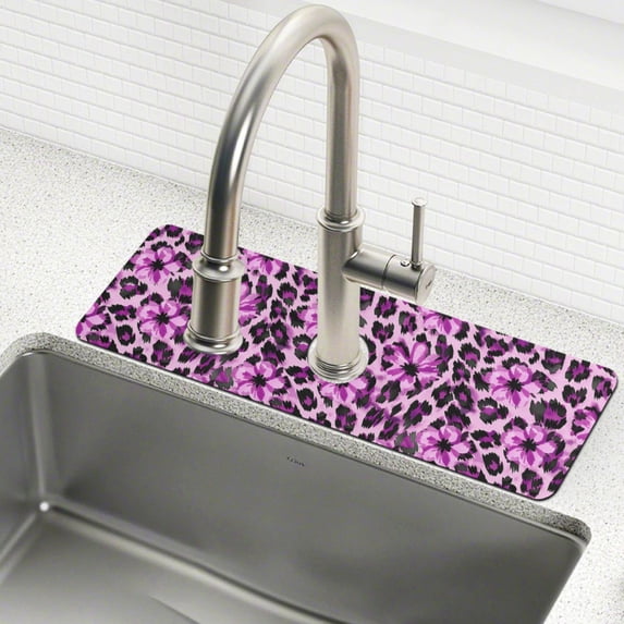 Yayeee Faucet Mat for Kitchen Sink 30" Diatomite Long Splash Guard Pad, Purple Floral Leopard Pattern, 2 Pack