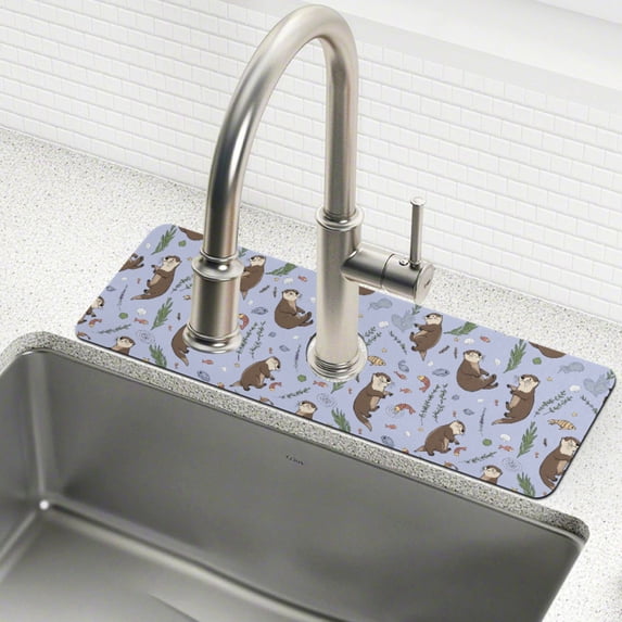 Yayeee Faucet Mat for Kitchen Sink 30" Diatomite Long Splash Guard Pad, Purple Otters Pattern
