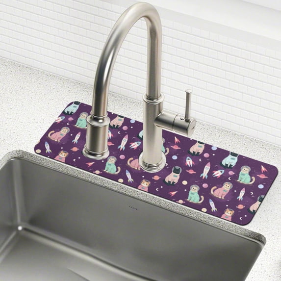 Yayeee Faucet Mat for Kitchen Sink 30" Diatomite Long Splash Guard Pad, Purple Space Cat Pattern, 2 Pack