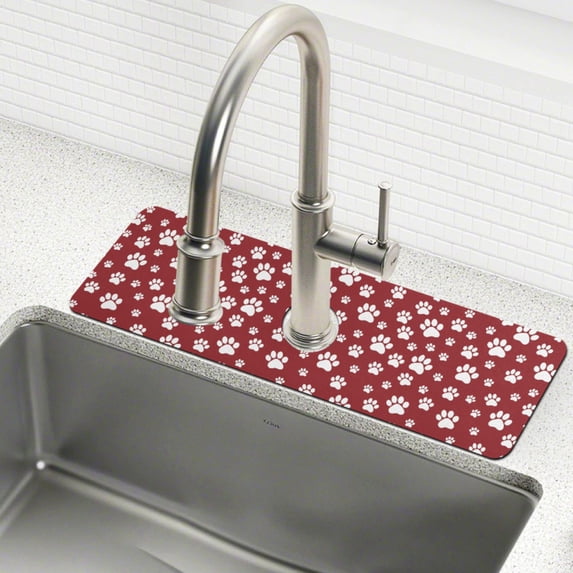 Yayeee Faucet Mat for Kitchen Sink 30" Diatomite Long Splash Guard Pad, Red Cartoon Paws Pattern, 2 Pack