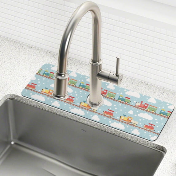 Yayeee Faucet Mat for Kitchen Sink 30" Diatomite Long Splash Guard Pad, Red Trains Pattern, 2 Pack