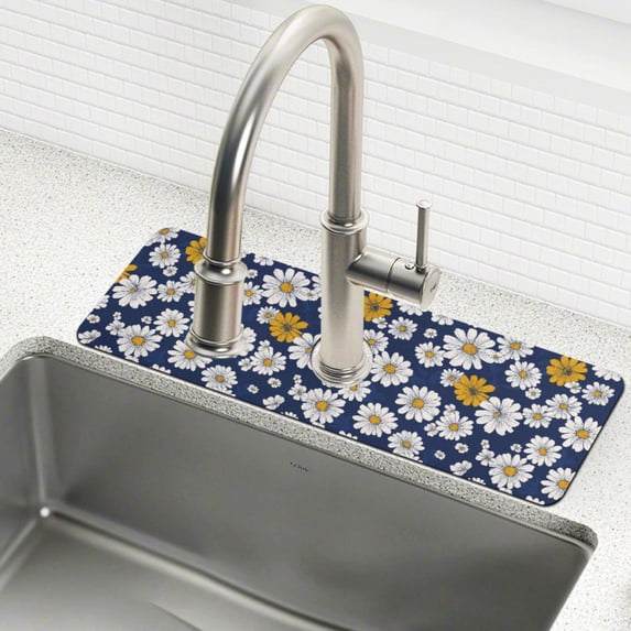 Yayeee Faucet Mat for Kitchen Sink 30" Diatomite Long Splash Guard Pad, Retro Daisy Pattern, 2 Pack