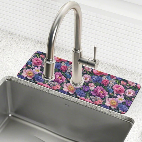 Yayeee Faucet Mat for Kitchen Sink 30" Diatomite Long Splash Guard Pad, Soft Pinks Flowers