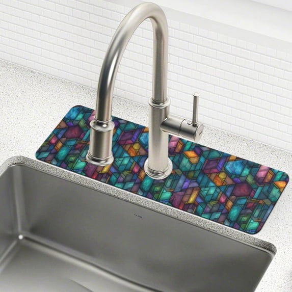 Yayeee Faucet Mat for Kitchen Sink 30" Diatomite Long Splash Guard Pad, Stained Glass Pattern, 2 Pack