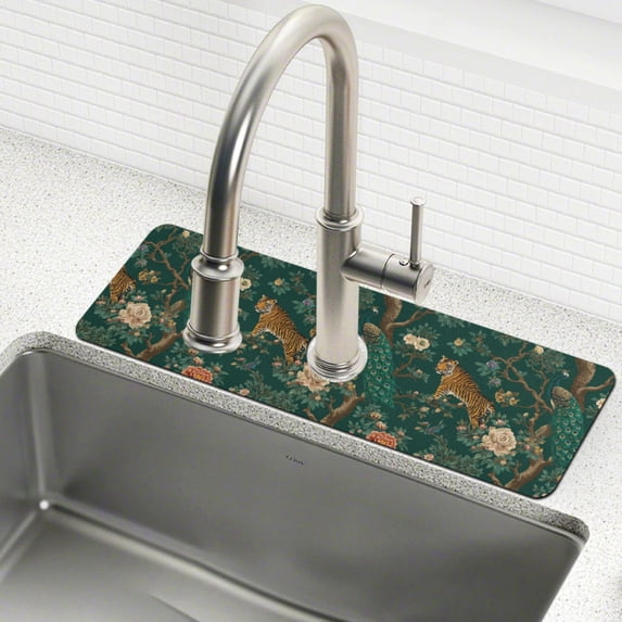 Yayeee Faucet Mat for Kitchen Sink 30" Diatomite Long Splash Guard Pad, Tiger and Peacock Pattern
