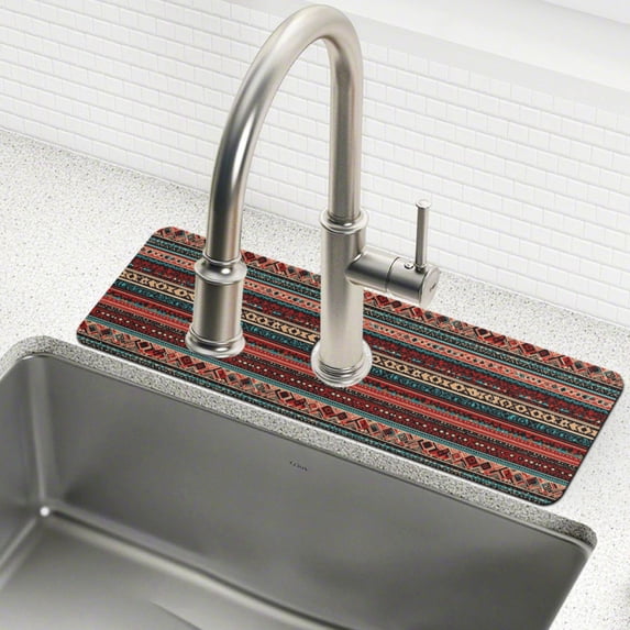 Yayeee Faucet Mat for Kitchen Sink 30" Diatomite Long Splash Guard Pad, Tribal Geometric