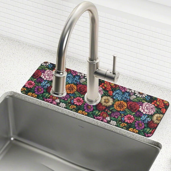 Yayeee Faucet Mat for Kitchen Sink 30" Diatomite Long Splash Guard Pad, Vibrant Flowers Pattern