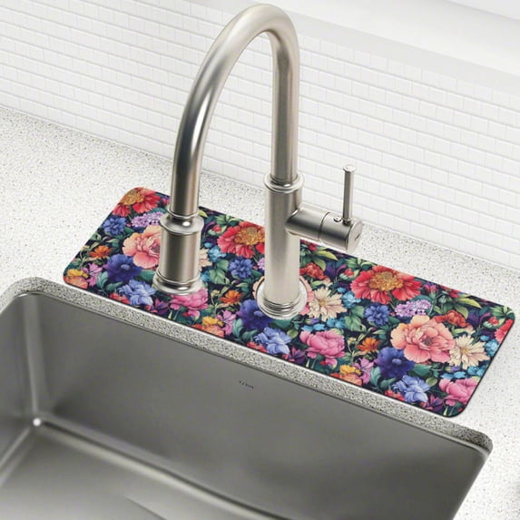 Yayeee Faucet Mat for Kitchen Sink 30" Diatomite Long Splash Guard Pad, Vibrant Pink Floral Pattern