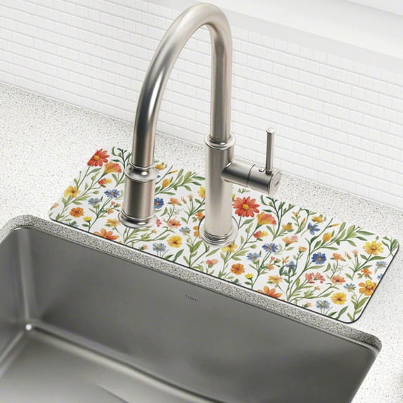 Yayeee Faucet Mat for Kitchen Sink 30" Diatomite Long Splash Guard Pad, Watercolor Wildflowers Pattern