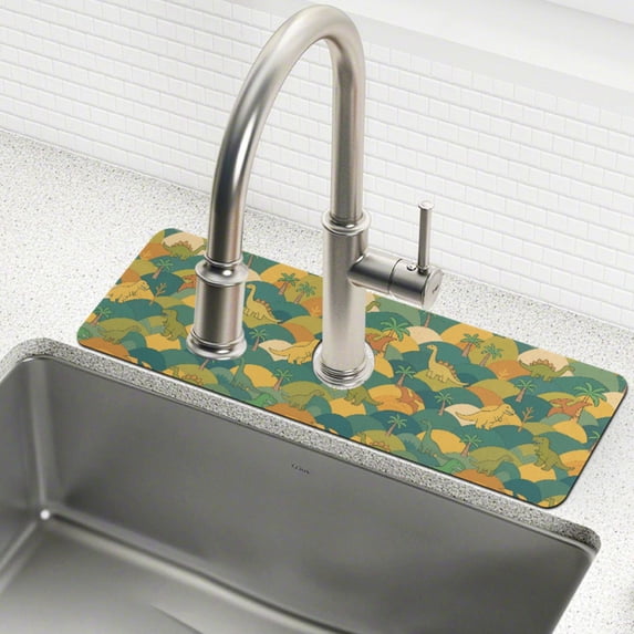 Yayeee Faucet Mat for Kitchen Sink 30" Diatomite Long Splash Guard Pad, Whimsical Dinosaur Pattern
