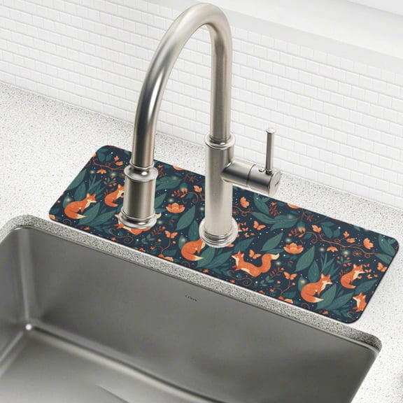 Yayeee Faucet Mat for Kitchen Sink 30" Diatomite Long Splash Guard Pad, Whimsical Foxes Pattern