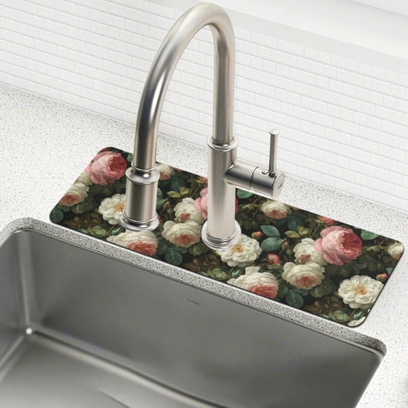 Yayeee Faucet Mat for Kitchen Sink 30" Diatomite Long Splash Guard Pad, White and Pink Roses