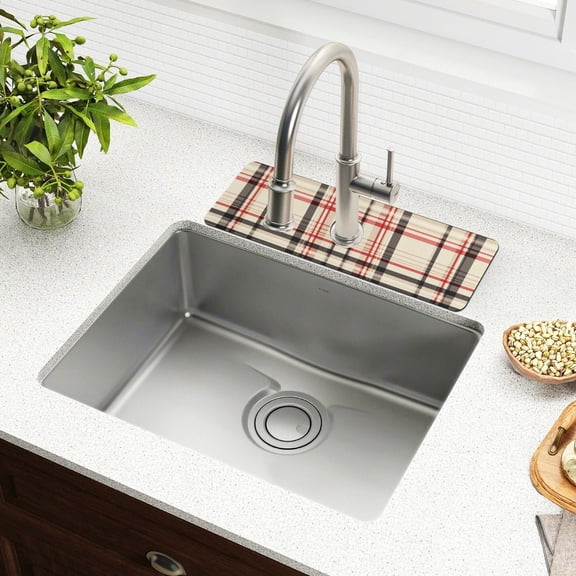 Yayeee Faucet Mat for Kitchen Sink 30" Diatomite Long Splash Guard Pad, Black Tartan