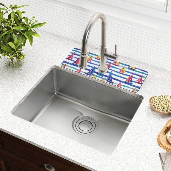 Yayeee Faucet Mat for Kitchen Sink 30" Diatomite Long Splash Guard Pad, Blue Hand Drawn Sailboats