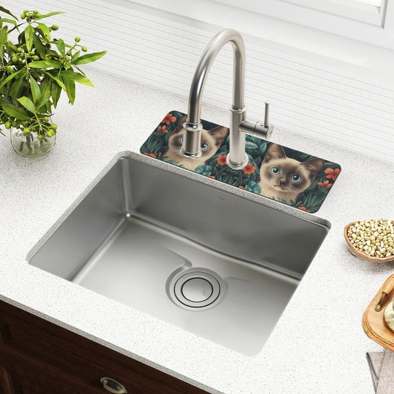 Yayeee Faucet Mat for Kitchen Sink 30" Diatomite Long Splash Guard Pad, Flowers and Cat