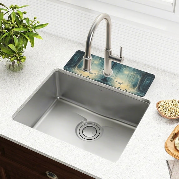 Yayeee Faucet Mat for Kitchen Sink 30" Diatomite Long Splash Guard Pad, Night Forest Scene