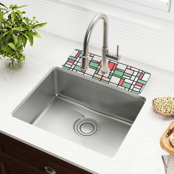 Yayeee Faucet Mat for Kitchen Sink 30" Diatomite Long Splash Guard Pad, Red Abstract Geometric