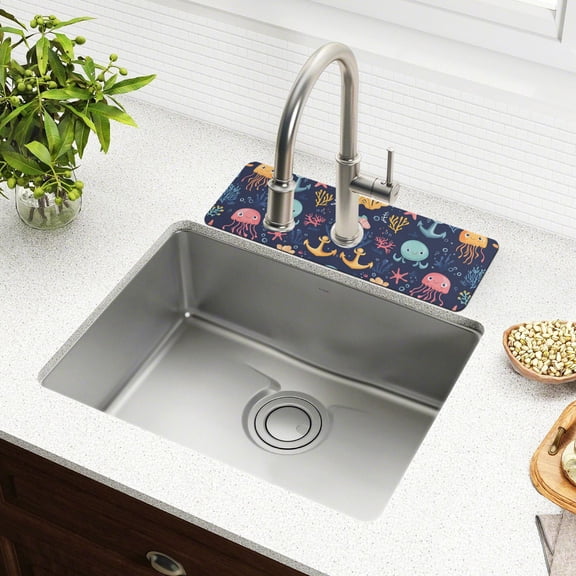 Yayeee Faucet Mat for Kitchen Sink 30" Diatomite Long Splash Guard Pad, Red Jellyfish