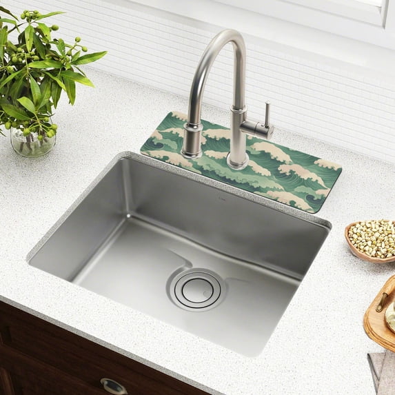Yayeee Faucet Mat for Kitchen Sink 14.7" Diatomite Long Splash Guard Pad, Green Wave Pattern, 2 Pack