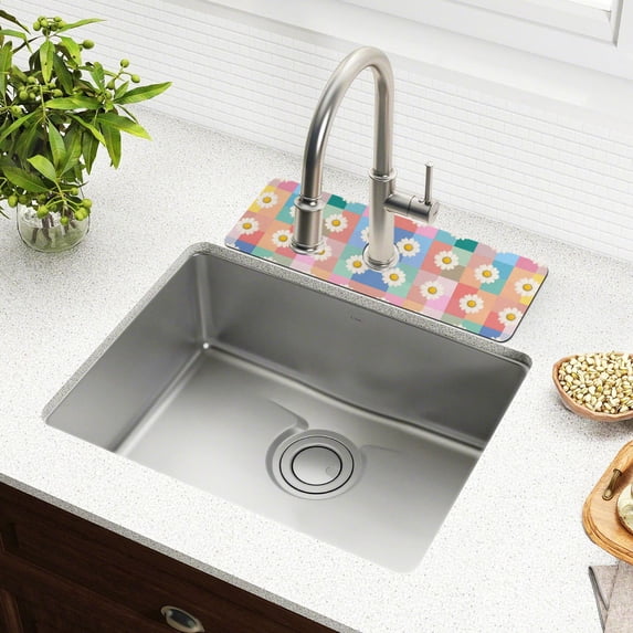 Yayeee Faucet Mat for Kitchen Sink 14.7" Diatomite Long Splash Guard Pad, Pink Checkered Daisy, 2 Pack