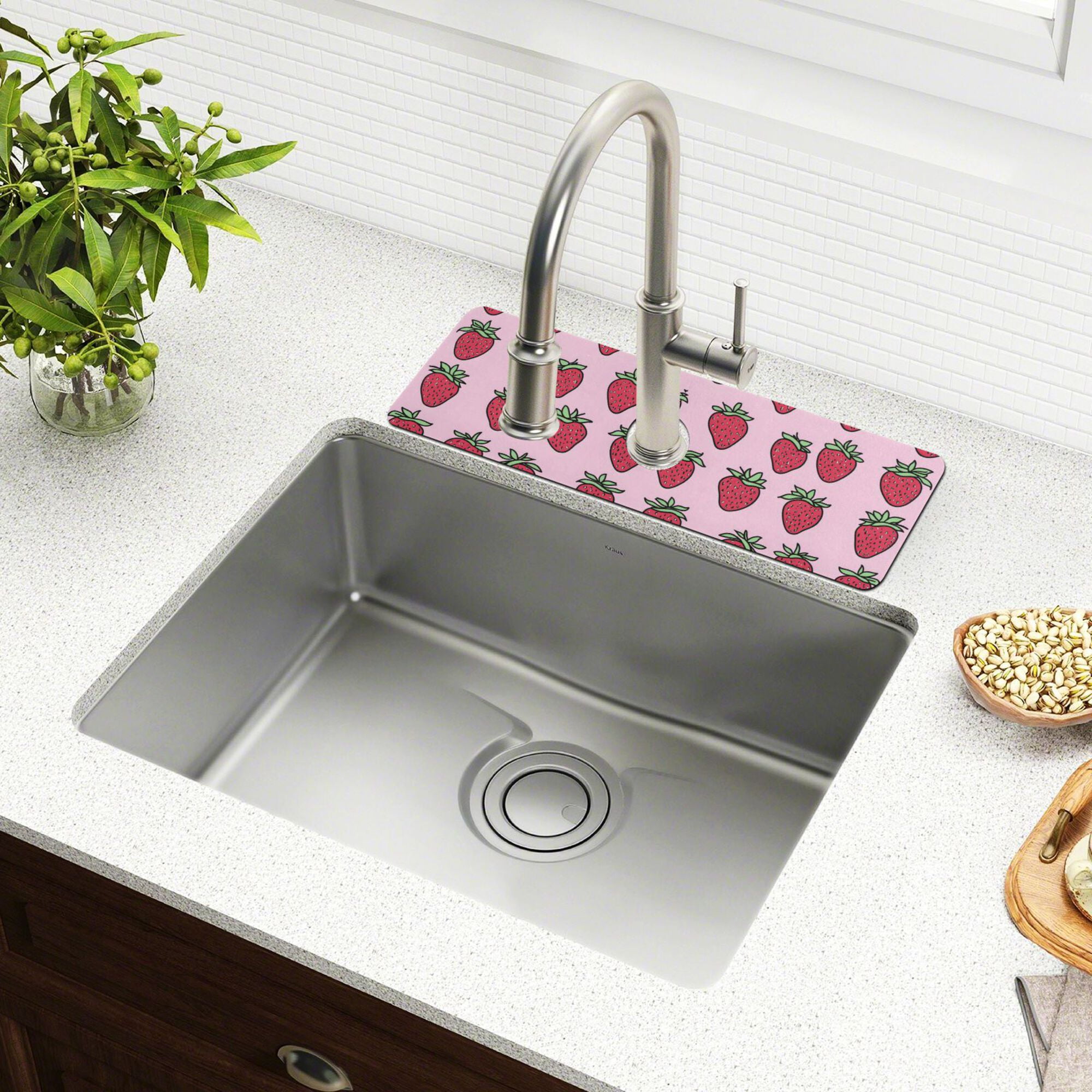 Yayeee Faucet Mat for Kitchen Sink 30" Diatomite Long Splash Guard Pad, Cartoon Strawberry, 2 Pack