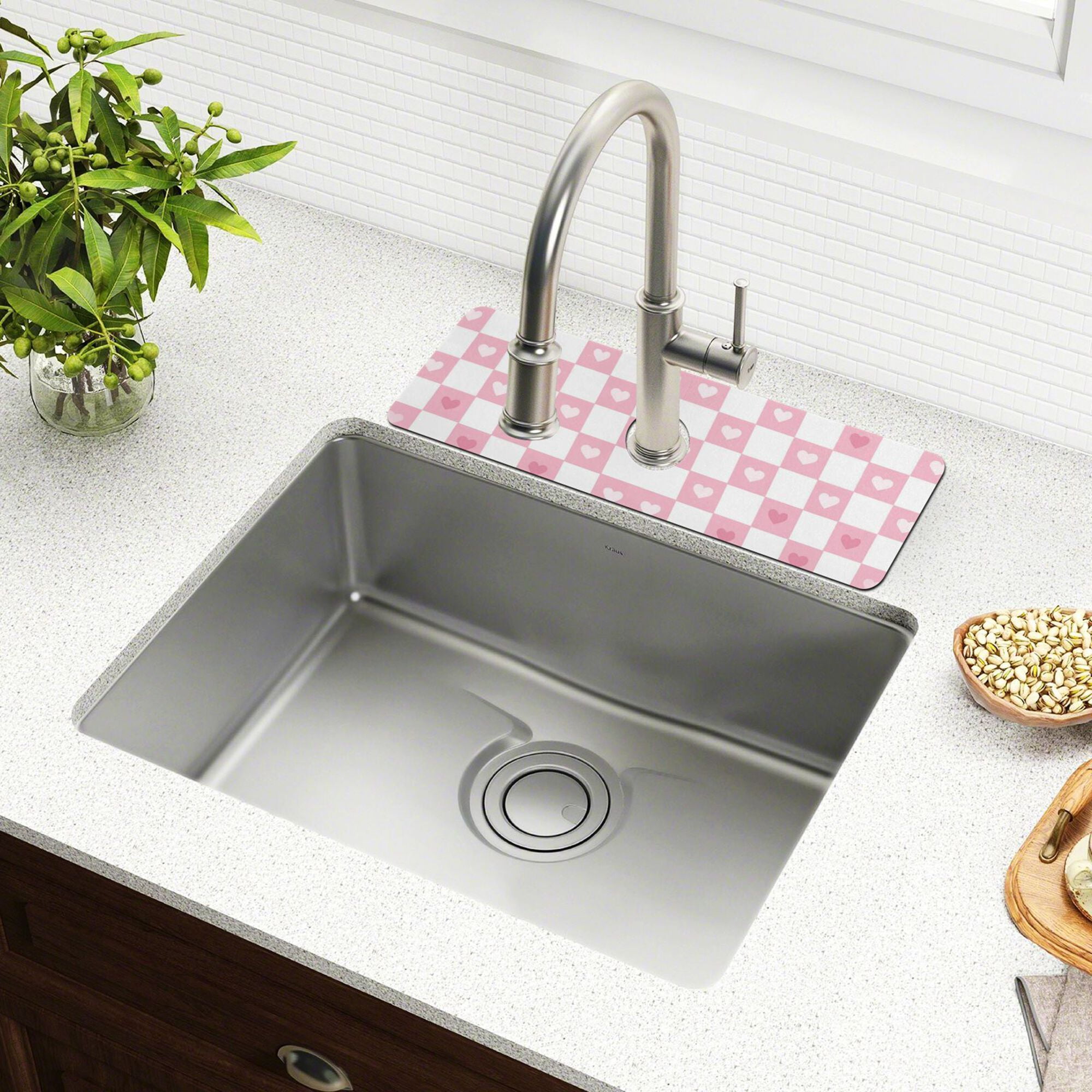 Yayeee Faucet Mat for Kitchen Sink 30" Diatomite Long Splash Guard Pad, Pink Checkered Heart, 2 Pack