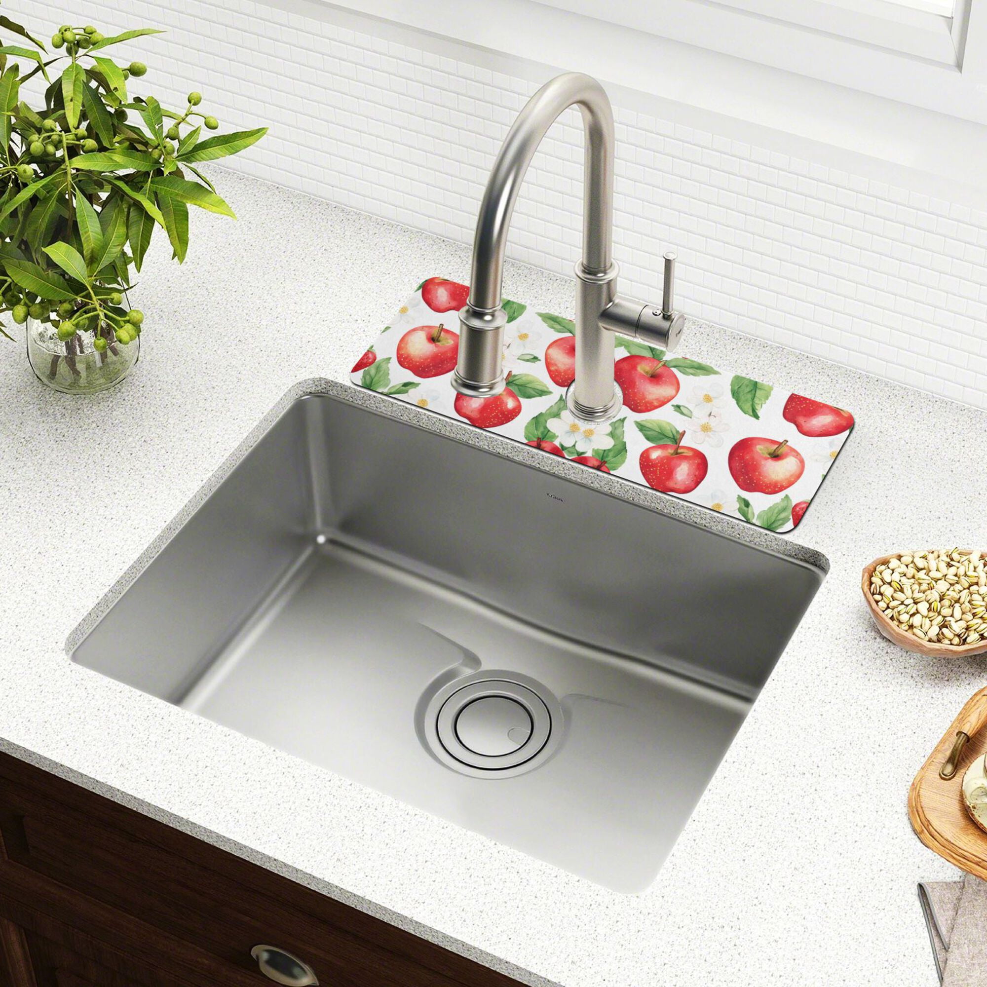 Yayeee Faucet Mat for Kitchen Sink 30" Diatomite Long Splash Guard Pad, White Apple Pattern, 2 Pack