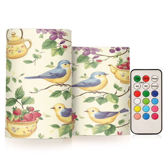 Yayeee Flameless Candles with Remote Flickering Battery Operated Multi Color Changing, Birds with Strawberries