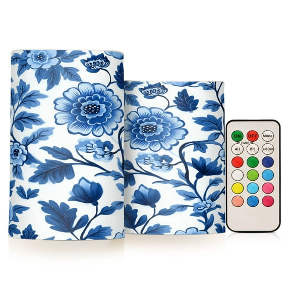 Yayeee Flameless Candles with Remote Flickering Battery Operated Multi Color Changing, Blue Floral Pattern