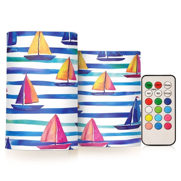 Yayeee Flameless Candles with Remote Flickering Battery Operated Multi Color Changing, Blue Hand Drawn Sailboats