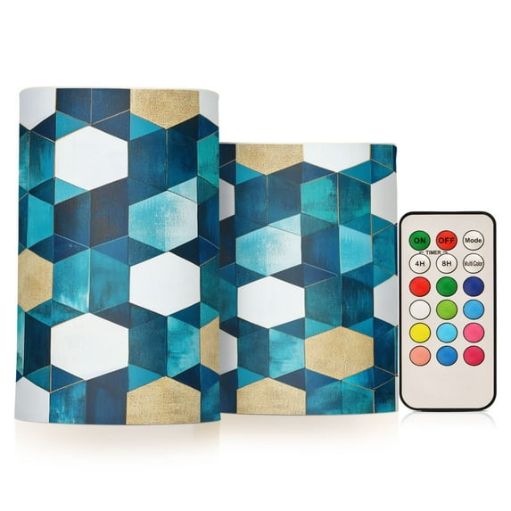 Yayeee Flameless Candles with Remote Flickering Battery Operated Multi Color Changing, Blue White Geometric Patterns