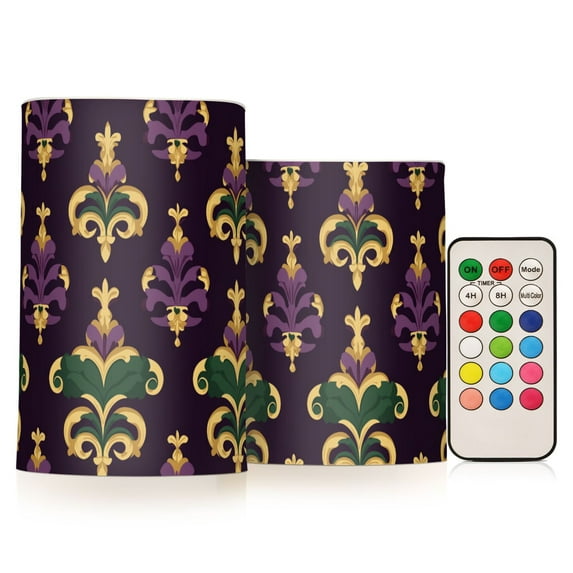Yayeee Flameless Candles with Remote Flickering Battery Operated Multi Color Changing, Gold and Purple Floral Pattern