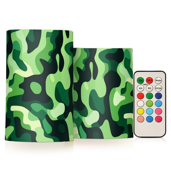 Yayeee Flameless Candles with Remote Flickering Battery Operated Multi Color Changing, Green Camouflage Pattern