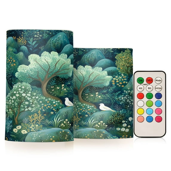 Yayeee Flameless Candles with Remote Flickering Battery Operated Multi Color Changing, Green Forest Pattern