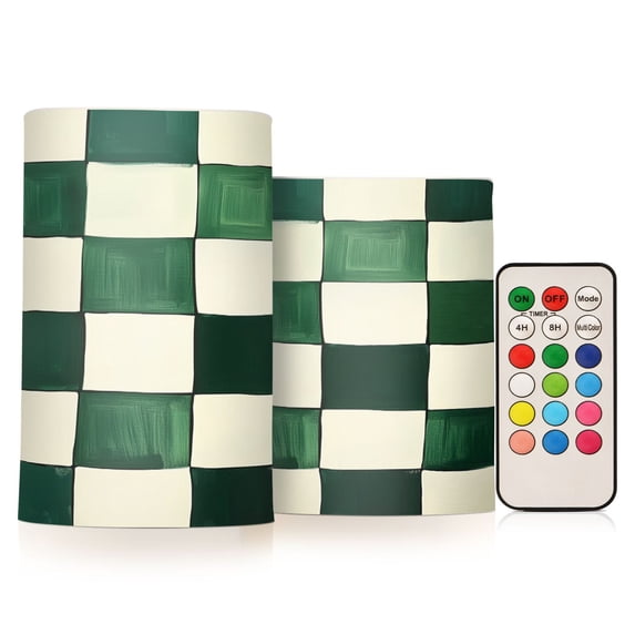 Yayeee Flameless Candles with Remote Flickering Battery Operated Multi Color Changing, Green and White Plaid Pattern