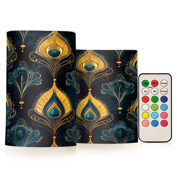 Yayeee Flameless Candles with Remote Flickering Battery Operated Multi Color Changing, Navy Blue Art Pattern