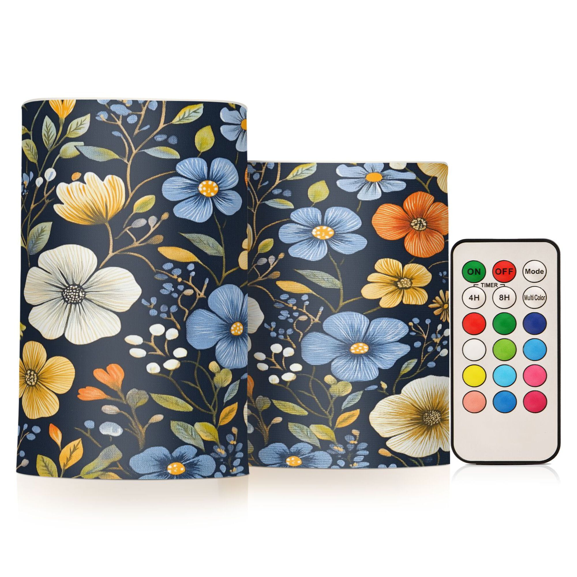 Yayeee Flameless Candles with Remote Flickering Battery Operated Multi Color Changing, Navy Floral Pattern