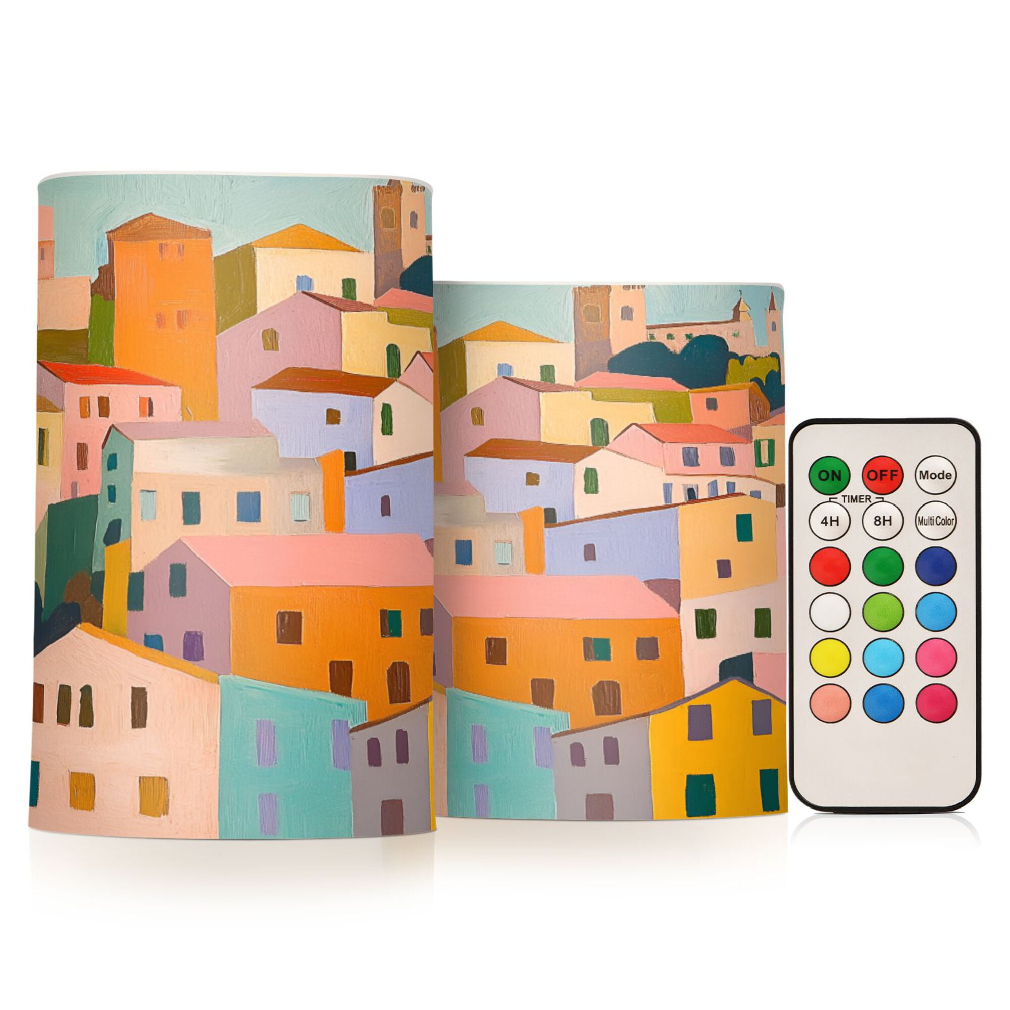Yayeee Flameless Candles with Remote Flickering Battery Operated Multi Color Changing, Orange Cityscape Painting