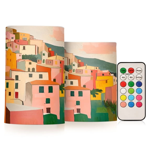 Yayeee Flameless Candles with Remote Flickering Battery Operated Multi Color Changing, Pink Cityscape Painting
