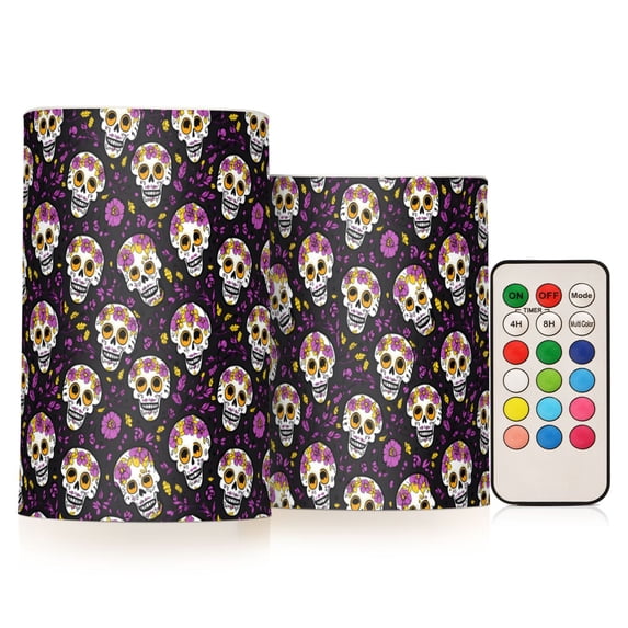 Yayeee Flameless Candles with Remote Flickering Battery Operated Multi Color Changing, Purple Floral Skull Pattern