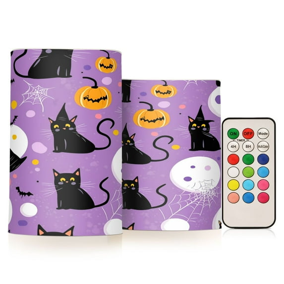Yayeee Flameless Candles with Remote Flickering Battery Operated Multi Color Changing, Purple Halloween Pattern