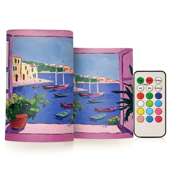 Yayeee Flameless Candles with Remote Flickering Battery Operated Multi Color Changing, Purple Window Scene